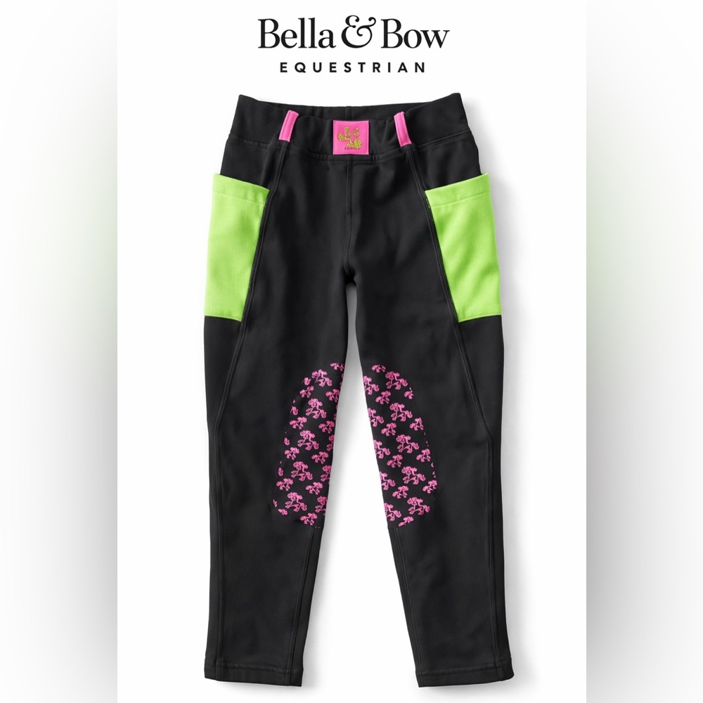 Belle & Bow Equestrian Girls Riding Tights Black Pink Green Knee Grip Size 6